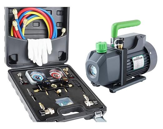 Lichamp AC Gauges, A/C Manifold Gauge Set for R134a R22 R12 R502 and Vacuum Pump, HVAC Single Stage Vacuum Pump for R134a R410a R22 R12,1/4 HP 3.5 CFM Auto AC Air Tool