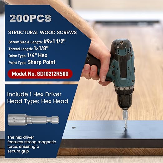 #9x1-1/2 Joist Hanger Screws 200QTY Hurricane Screws,Mech.Galv. Wood Screw | 1500-Hour Salt Spray Rust Test Construction Screws for Joist Hangers,1/4-Hex Drive with 0.370"-Dia,Replace 9112R500