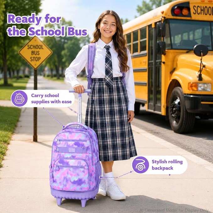 3Pcs Rolling Backpack for Girls Women, Travel Roller Backpacks with Wheels for Adults, Teens College Tie-Dye Wheeled Bookbag with Lunch Box(Purple)