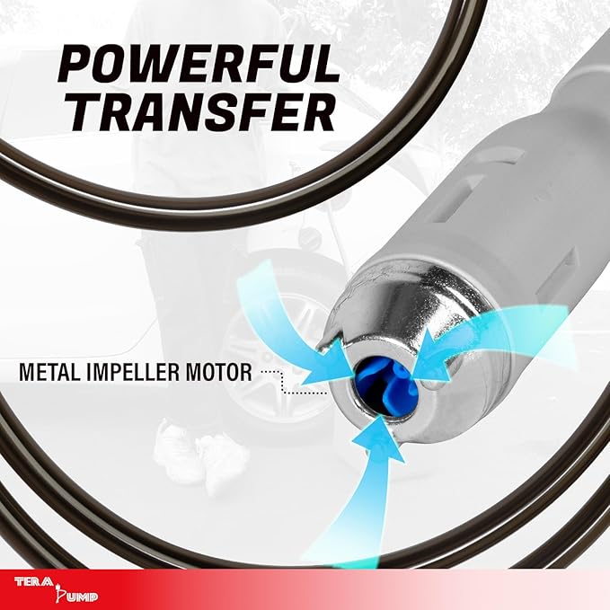 TERA PUMP 5th Gen TRFA01 Fuel Transfer Pump with Overfill Protection | 2.7 GPM, Universal Gas Can Adapter, 39.4 inch Vinyl Hose, For E15, E85, Gas, Diesel