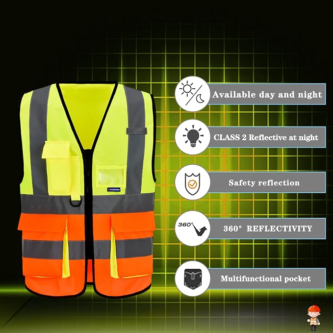 A-SAFETY Hi-Vis Safety Vest with Radio Mic Loop, Zipper, Yellow/Orange, XL | Yellow/Orange XL work vest with reflective strips, mic tabs and 7 pockets for railway operations and highway maintenance.