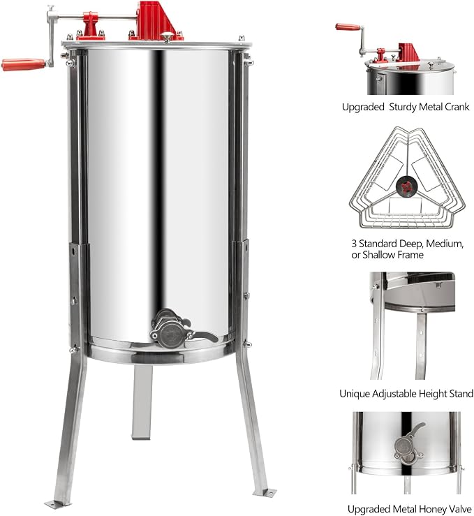 VINGLI Upgraded 3 Frame Honey Extractor Separator, Food Grade Stainless Steel Honeycomb Spinner Drum Manual Crank with Adjustable Height Stands,Beekeeping Pro Extraction Apiary Centrifuge Equipment