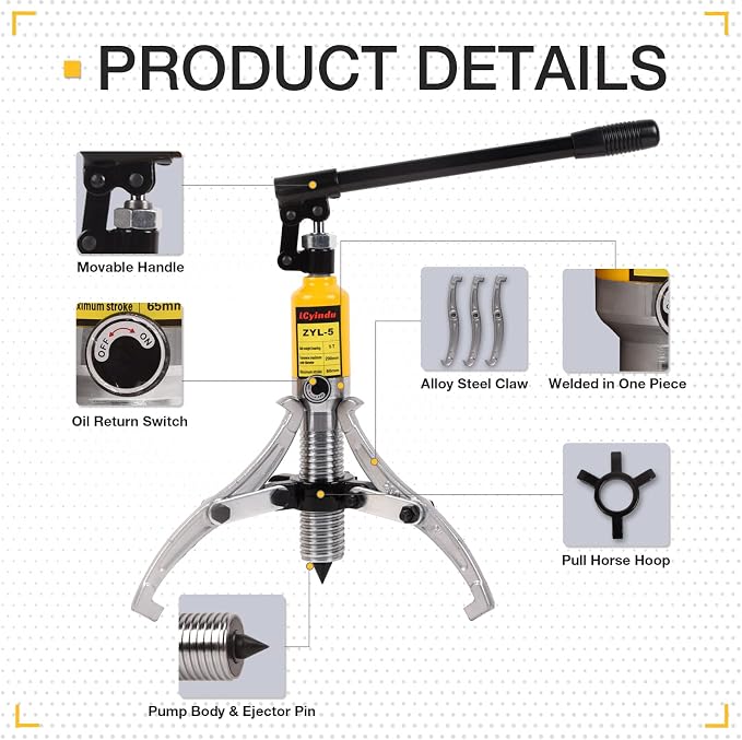 Hydraulic Gear Puller, 5 Ton Hydraulic Puller Kit Bearing Puller with Case 2 or 3 Jaws Bearing Hub Separator Hydraulic Puller Separator Tool for Pulling Hubs, Bearings, Gears, ZYL-5