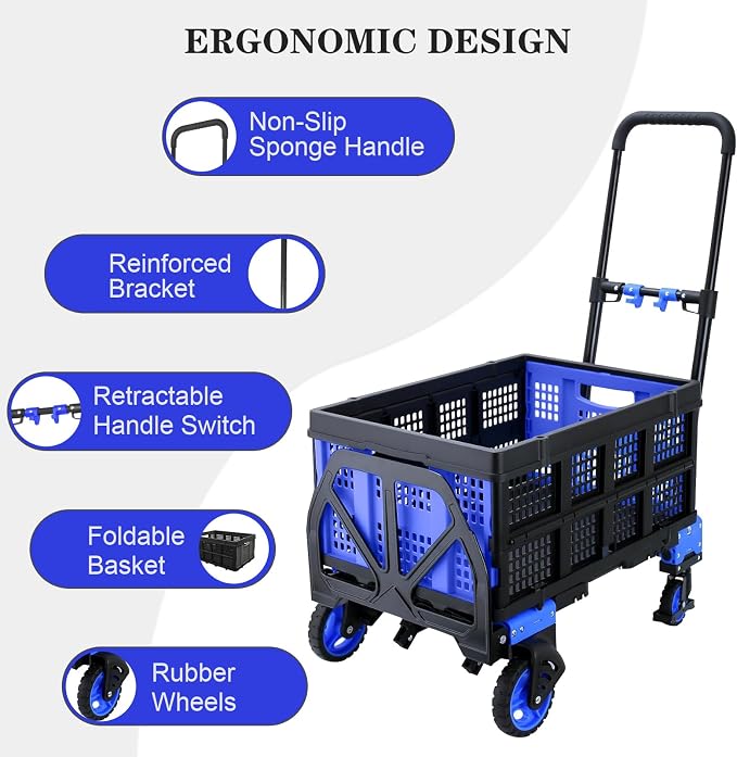 2 in 1 Folding Hand Truck with Folding Basket,Heavy Duty Hand Truck Dolly 330lbs Capacity with Telescoping Handle and Rubber Wheels,Portable Dolly Cart with Bungee Cords for Moving