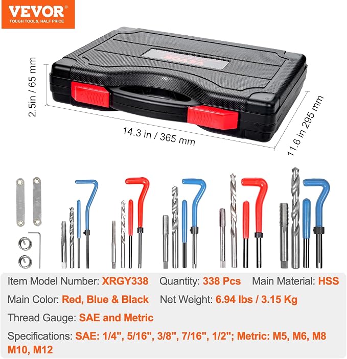 VEVOR Helicoil Thread Repair Kit-338-Piece SAE HSS Drill Inserts Taps & Tools M5,M6,M8,M10,M12,1/4",5/16",3/8",7/16",1/2" Rethreading Tool Kit Insertion Rethreading Tools Universal Rethread Restorer