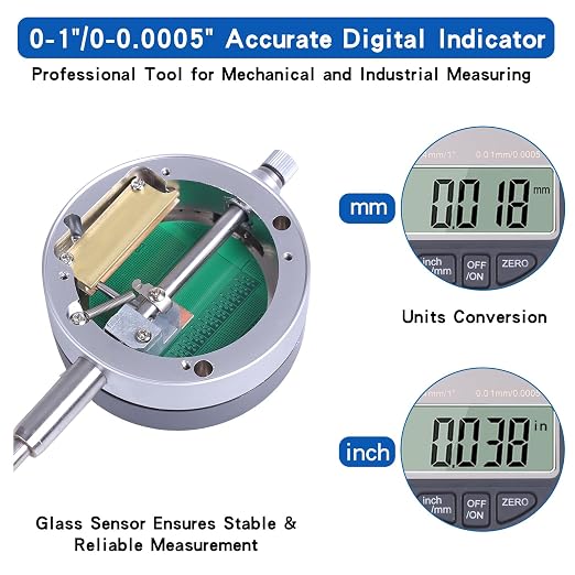 Qnkaa Electronic Digital Dial Indicator with Magnetic Base Holder Fine Adjustable Long Arm 0-1" / 25.4mm Inch/Metric Conversion Professional Gauge 0.01mm/0.001"