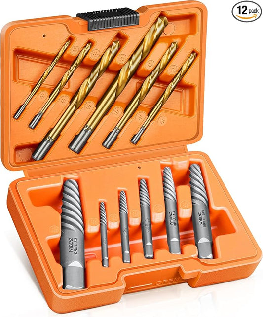 12 Pcs Screw Extractor and Left Hand Drill Bits Set, Easy Out Bolt Extractor Set Spiral Flute Stripped Screw Remover Reverse Cobalt HSS Steel Drill Bit for Remove Broken Tight Screws Bolts Studs
