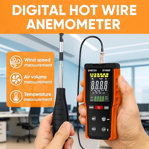 BTMETER Hot Wire Anemometer - CFM/CMM Handheld Wind Speed Meter, Airflow Meter Measure 0.2~67Mph, Thermal Anemometer with 360° Revolve Telescopic Probe & LCD Backlight for HVAC Duct Air Vent BT-9000F