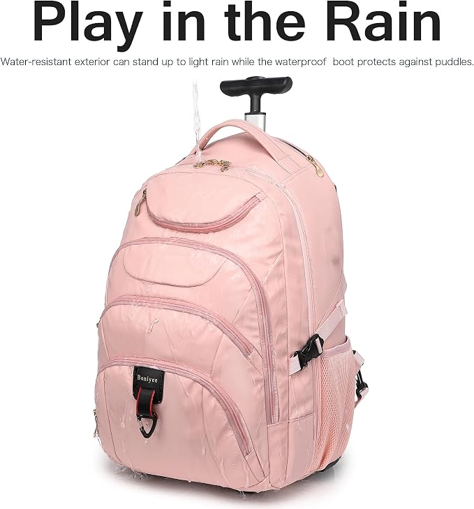 Boavan Rolling Backpack for Women, 17.3 Inch Wheeled Laptop Backpack,Large Travel Carry-On Bag for Teachers College Students, USB Charging Port Waterproof Business for Airplane Overnight Luggage，Pink