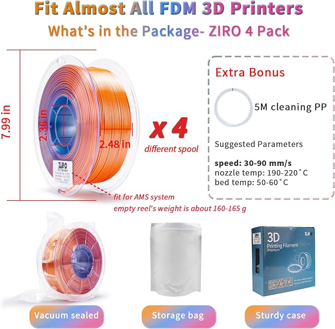 ZIRO Silk Tricolors PLA Filament Bundle, 4 Packs Color Change by Angle Shine Filament 1.75mm, Dimensional Accuracy +/-0.03mm, Fit Most FDM 3D Printer, 1KG x 4 Spool (Glossy Surface)