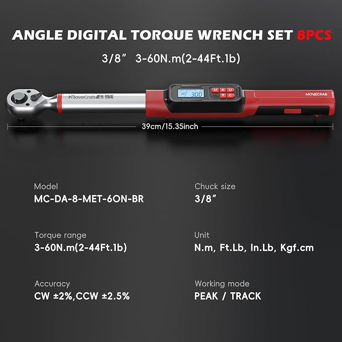 3/8" Drive Digital Angle Torque Wrench 2-44 Ft.lb (3-60 N.m), Angle Measurement 0.1° with LED Display & Buzzer, for DIY Auto Car Motorcycle Repair & Engineering