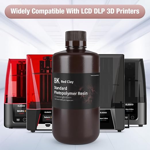 ELEGOO 8K Standard Resin, 405nm Rapid UV-Curing 3D Printer Resin, Higher Precision, Lower Shrinkage 3D Photopolymer Resin for 8K/12K/14K 3D Printer and LCD/MSLA/DLP 3D Printing, Red Clay 1000G