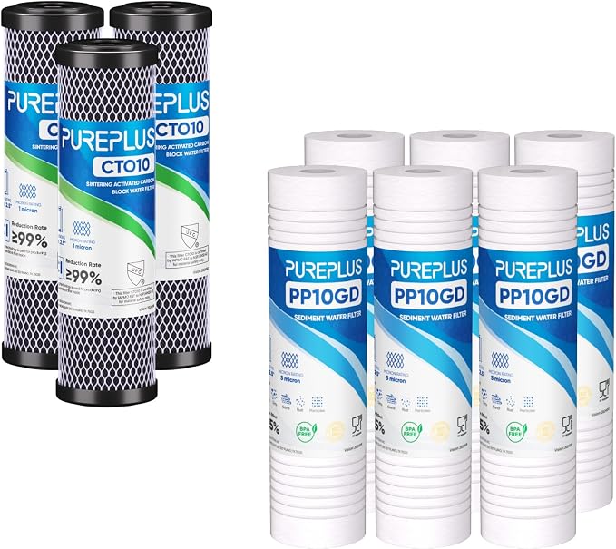 PUREPLUS 1 Micron 2.5" x 10" Whole House CTO Carbon Water Filter Cartridge Replacement 3PACK and 5 Micron 10" x 2.5" Whole House Grooved Sediment Home Water Filter 6PACK