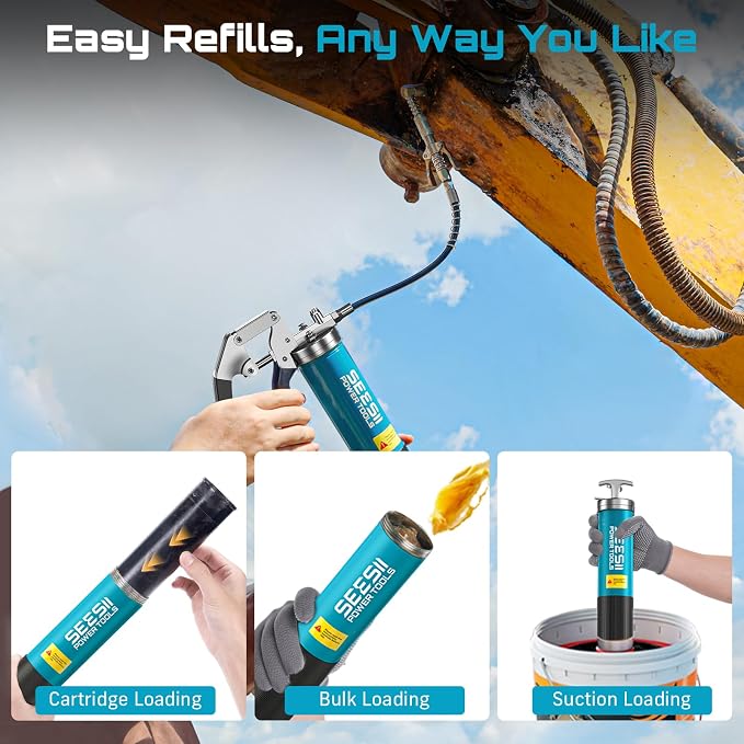 Seesii Upgraded 8000PSI Grease Gun Kit: Heavy Duty Pistol Grip Grease Gun with 14oz Capacity, Quick-Release Coupler, 90°Adapter, Flexible Hose, Rigid Pipe for Automotive, Agricultural, Industrial