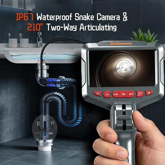 Two-Way Articulating Borescope, 1080P HD Industrial Endoscope Inspection Camera with 8 LED Lights, Mechanical Tool for Automotive, HVAC, Plumbing, IP67 Waterproof & 5ft Semi-Rigid Flexible Snake Probe