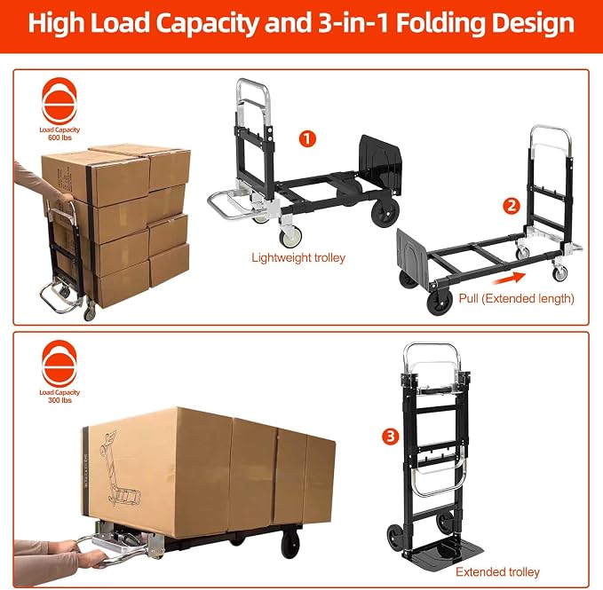 3-in-1 Foldable Hand Truck, 600lbs Heavy Duty Multi-Purpose Compact Dolly Cart with 4 Rubber Wheels, Adjustable Flatbed Folding Cart is Deal for Luggage Handling, Travel, Moving, Shop, and Office Use