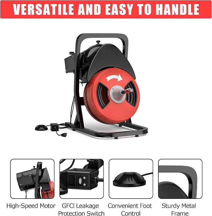 50FT 1/2 Inch Drain Cleaning Machine, Portable Electric Drain Auger with 6 Cutter & Air-Activated Foot Switch, Sewer Snake Drain Cleaner for 1" to 4" Pipes, Red