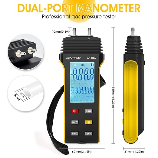 2Packs-Anemometer HVAC,CFM Air Flow Meter with Backlight Max/Min/Avg AP-846A and AP-189A Manometer Gas Pressure Tester