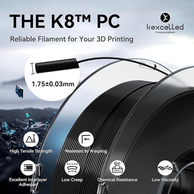 kexcelled PC Filament 1.75mm 1kg,White Polycarbonate Filament 1.75 with Tough and Heat Resistant,PC 3D Printer Filament Dimensional Accuracy +/- 0.03mm