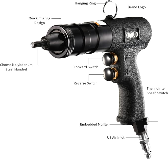Pneumatic Rivet Nut Gun 10-32,8-32,6-32 with Replacement Mandrels, RPM 3000 Industrial Grade Pull Rivnut Gun MODEI:LM09 Button Switch
