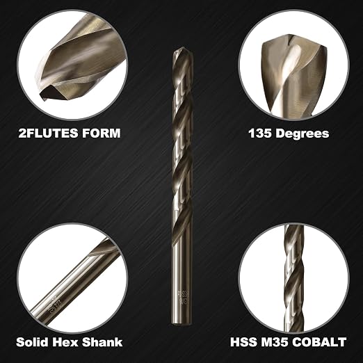 3/8 Cobalt Drill Bit for Metal and Hard Steel(5Pcs),M35 High Speed Steel Twist Jobber Metal Drill Bits,with Index Storage Case