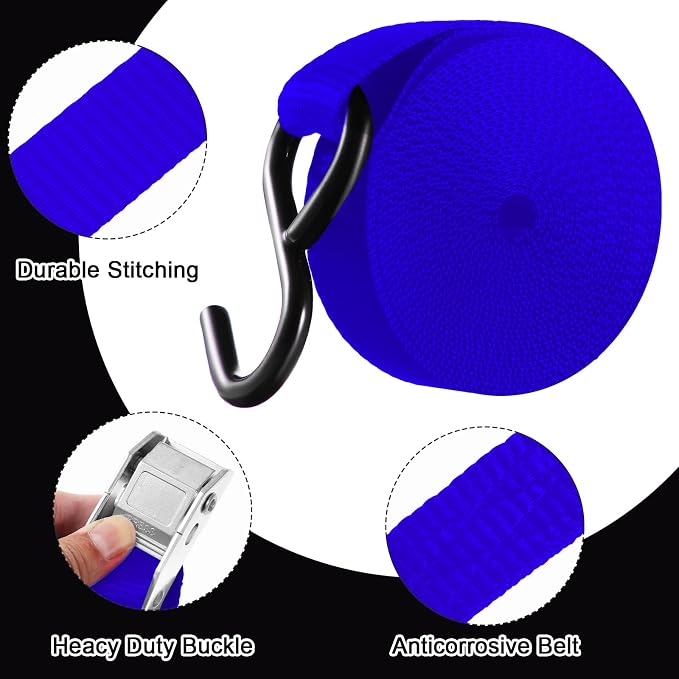 Riakrum 16 Pcs Cambuckle Tie Down Straps 1763lbs Break Strength Securing Straps 1'' x 15 ft Cambuckle Tie Downs with S Hook for Motorcycle, Kayak, Car, Truck, Boat Moving, Securing Cargo (Blue)
