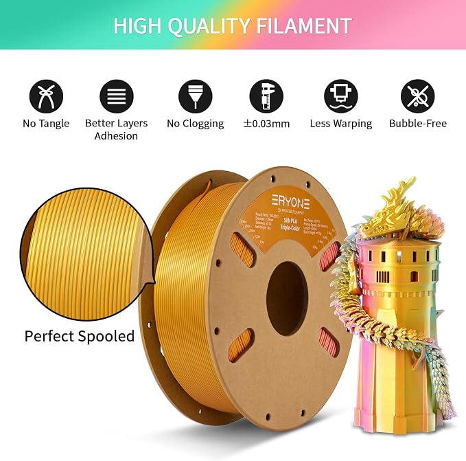 ERYONE Silk Tri Color PLA Filament 3D Printer 1.75mm +/- 0.03mm, Multicolor Filament Tricolor PLA 1KG(2.2lbs) Cardboard Spool, Turquosie&Reddish Orange&Gold