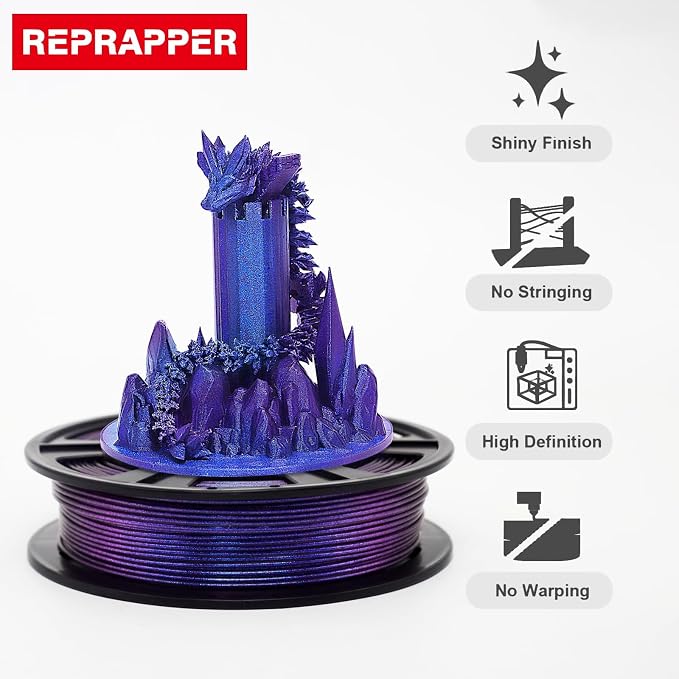 RepRapper Glitter Multicolor Mixed 250g*4 Sample Pack, Shiny Galaxy PLA Filament 1.75mm, Glow in the Dark Green 3D Printer Filament, Sparkle Laser Series 3D Printing Filament for 3D Printer