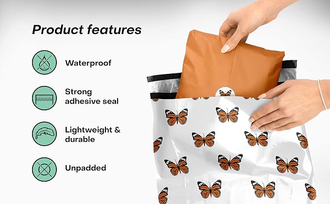 10x13 Poly Mailers – Butterfly Design – Waterproof, Tear-Resistant Shipping Bags with Adhesive Seal – 100 Pack – Package Mint