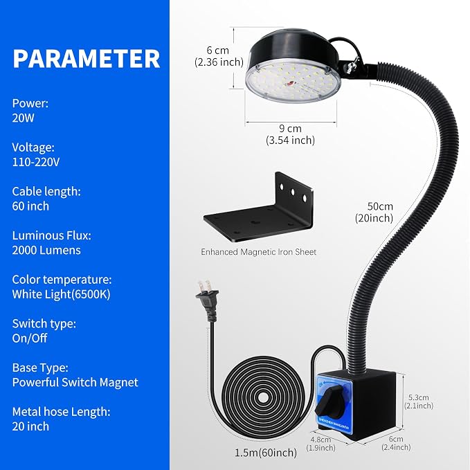 Magnetic Work Light, LED Machine Light, Work Light with Flexible & Magnetic Base, Shop Tool Lamp for Lathe, Work Bench, Sewing Machine, Bandsaw, Industrial Lighting, 2000 Lumens, Black