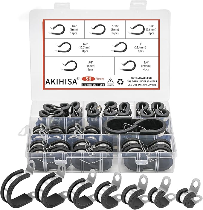 AKIHISA 56Pcs 1/4"-1" 7Sizes Kit Cable Clamps Kit, 304 Stainless Steel Conduit Clamps, for Cable, Pipe, Hose, Fuel Line, Metal Wire Cord Installation