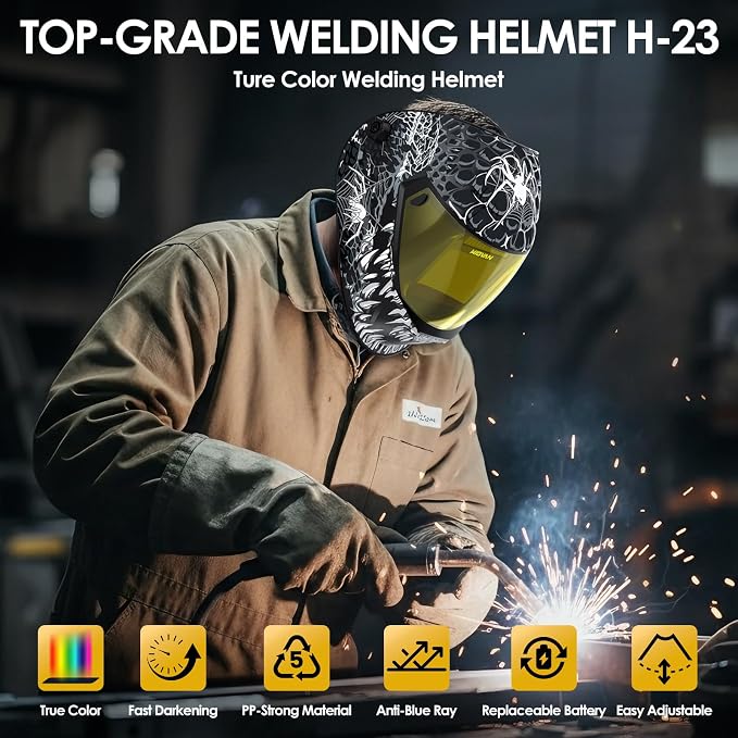 Welding Helmet Auto Darkening True Color Large Viewing, Welding Hood Solar/Rechargeable Battery Powered, Wide Shade 4/5-13 with 4 Arc Sensor, Optical Clarity Welding Mask for TIG MIG ARC Grind