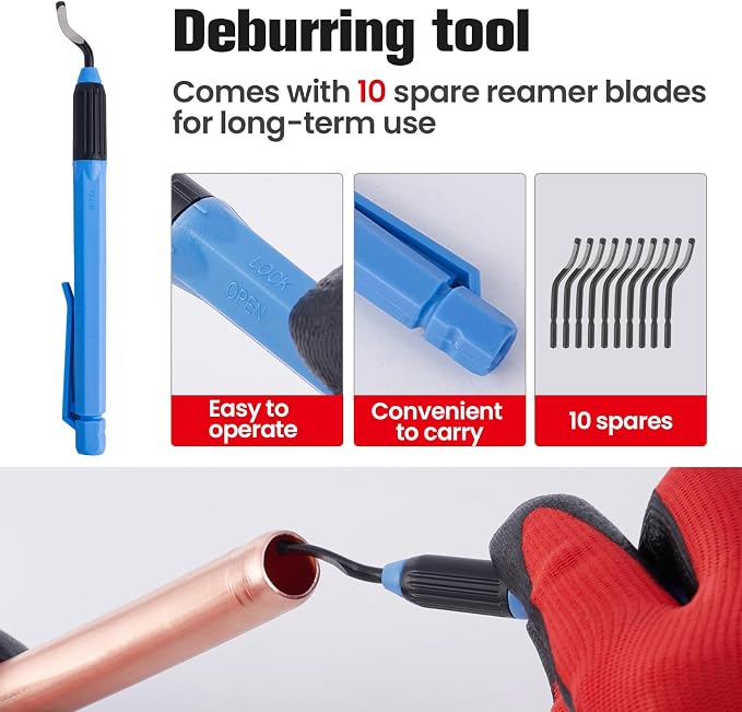 Copper Pipe Cutter Kit, 1/8-1-1/8 in Mini Tube Cutter, 5-50 mm Bearing Pipe Cutter, Deburring and Chamfer Tools, Pipe Cleaning Brushes and EVA Case for HVAC and Plumbing