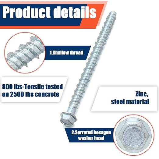 Tandefio 150 Pack 1/4 x 4 Concrete Screw Anchors Galvanized Large Diameter Heavy Duty Plated Concrete Anchors for Masonry Brick Anchoring Block Decking Framing Hex Drive