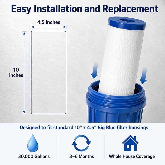 APEC Water FI-KDF55-10BB GAC Carbon Water Filter Whole House Replacement Cartridge; Heavy Metals, Chlorine & Bacteria Reduction, 4.5" x 10"