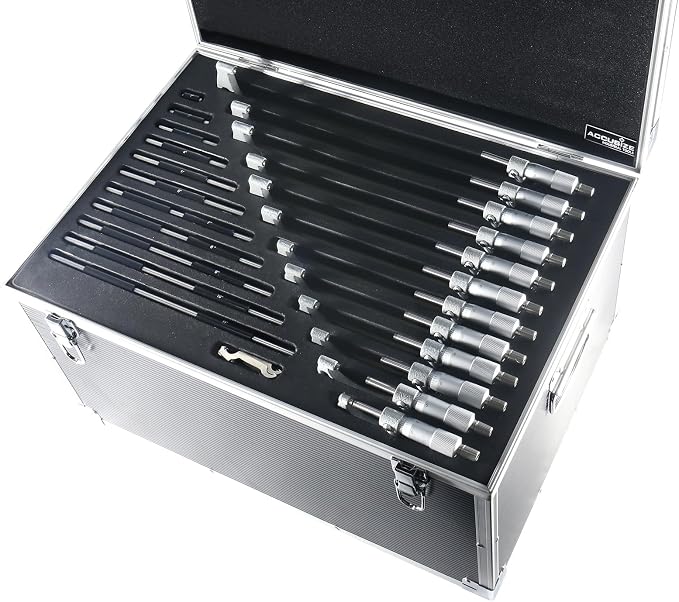 Accusize Industrial Tools 0-12'' by 0.0001'', 12 Pcs Ultra-Precision Outside Micrometers Set with Carbide Tips, Eg00-0912 | Carbide Tipped M-Type Micrometers With Ratchet, Lock Nut, Standards and Wrenches, Solid Case, EG00-0912