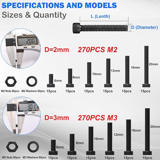 mxuteuk 540PCS M2 M3 Metric Screws Assortment Set Suitable for 3D Printer DIY,Hex Socket Head Cap Screws Bolts Nuts Kit,12.9 Grade Alloy Steel Black Zinc Plated Assorted Screws with Hex Wrench