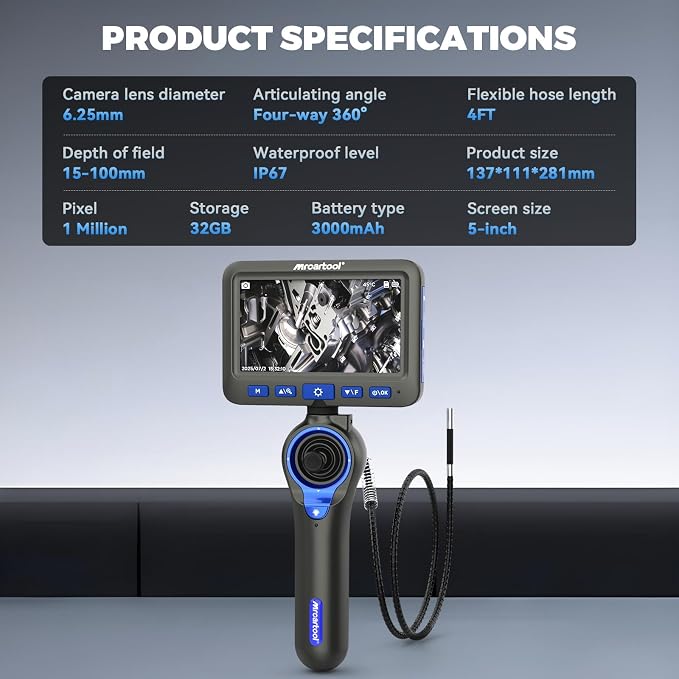 4-Way 360° Articulating Borescope with Light & Detachable Joystick, 5" HD Screen 6.2mm/0.24 in Slim Inspection Camera, 4.0Ft Semi-Rigid Cable for Automotive,HVAC,Mechanical