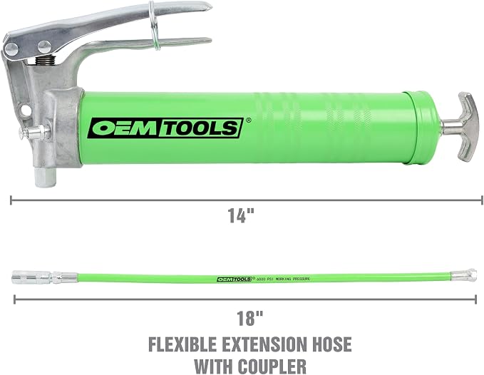 OEMTOOLS 87203 Pistol Grip Grease Gun with 18" Hose and Coupler, Grease Gun Kit, Grease Gun with Flexible Hose, Auto Grease Gun, 6000 Maximum PSI