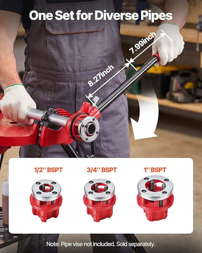 VEVOR Ratchet Pipe Threader Kit with 3 Dies, 1/2" BSPT, 3/4" BSPT, 1" BSPT Manual Ratcheting Pipe Threading Tool, Portable Pipes Threader Set with Toolbox for Plumbing Installation & Repair