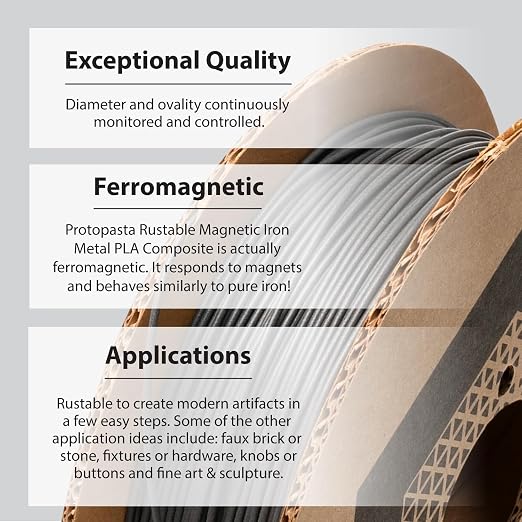 Protopasta Ferromagnetic Iron PLA 3D Printer Filament | ProtoPlant Metal-Filled PLA Plastic Printer Filament with 45% Iron | Patina Friendly Metal Composite Filament | 500g Metallic Spool