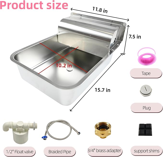 304 Stainless Steel Automatic Dog Waterer - 11L Large Capacity Pet Water Dispenser with 3/4" Brass Adapter & Drain Hole, Anti-Leak Design for Dogs, Cats, Alpacas & Livestock, Outdoor Farm Use