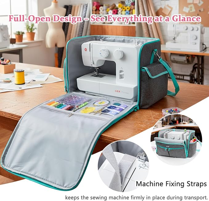 AMOIGEE Full-Open Sewing Machine Case, Large Sewing Machine Storage Bag for Travel - Heavy-Duty Embroidery Tote for Brother Singer Janome Standard Machines Holder with Pocket for Accessories and Tools