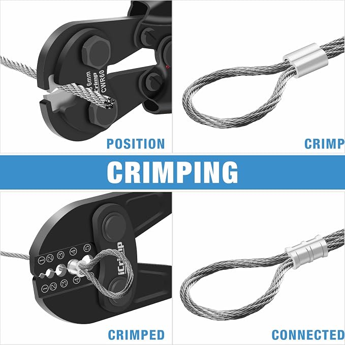 iCrimp IWS-1608B Wire Rope Crimping Tool for Aluminum Loop Sleeves, Duplex Oval Cable Ferrules 1/16’’ to 3/16’’, c/w Wire Rope Cable Cutter