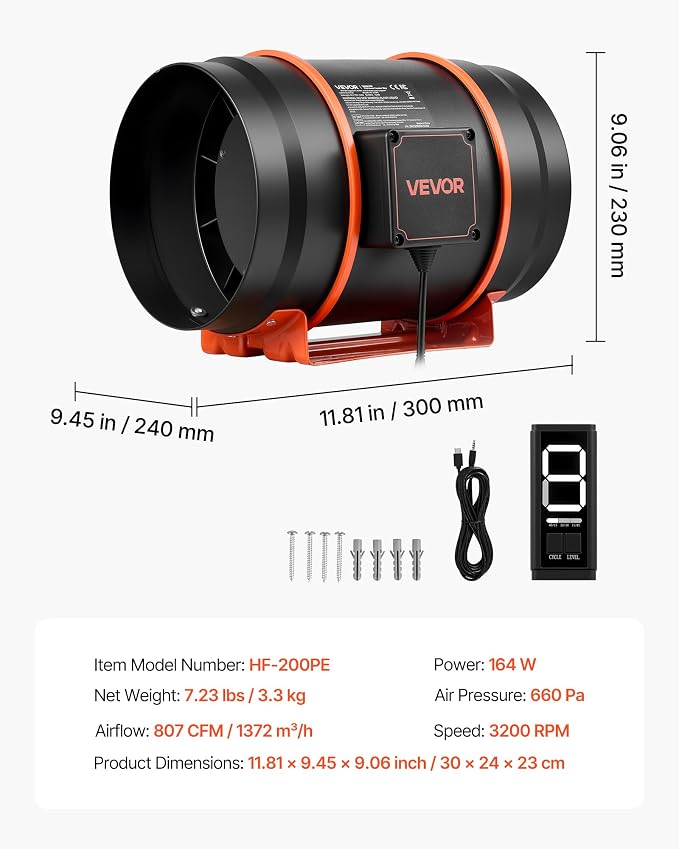 VEVOR Inline Duct Fan, 807 CFM 8 inch EC Motor Ventilation Fan with 3-Speed Circulation, 10-Speed PWM Controller, Timer-Controlled Operation, Cooling for Grow Tents, Indoor Gardening, Hydroponics