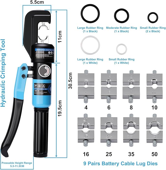 10-Tons Hydraulic Crimping Tool with 9 Dies, 12 to 2/0 AWG Battery Cable Lug Terminal & Wire Rope Crimper, 1/16" 1/8" 3/16" Stainless Steel Cable Railing Tool