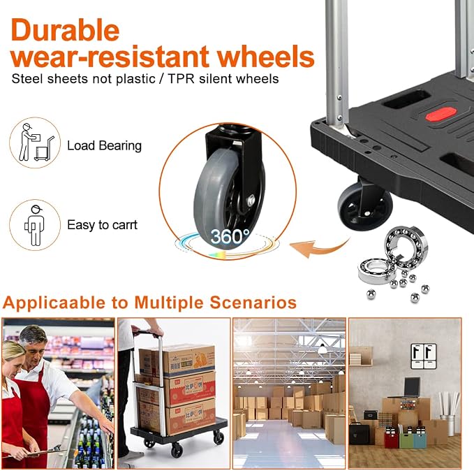 Folding Hand Truck Platform Truck 330 Lb Heavy Duty Dolly Cart | Fully Folded Push Cart, Portable Trolley Utility Cart for Easy Storage, Garage Moving Shopping Home Office