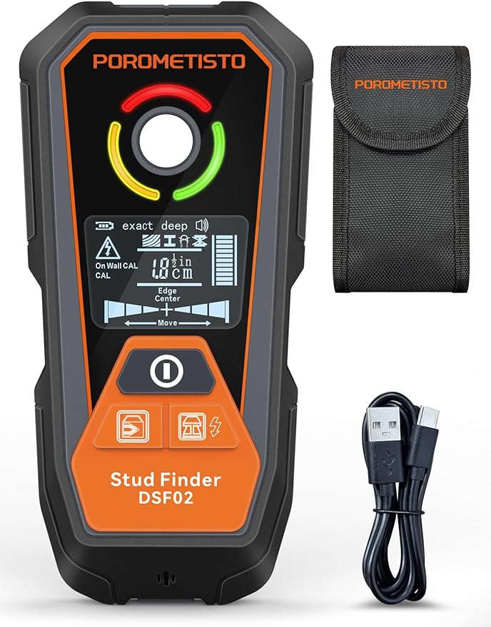 Rechargeable 6 in 1 Stud Finder Wall Scanner POROMETISTO, Positioning Hole for Pipe Wood Studs, Live Wire Detector for Electricians, Ferrous Metals Non-Ferrous Metals, Alarm Wall Detector