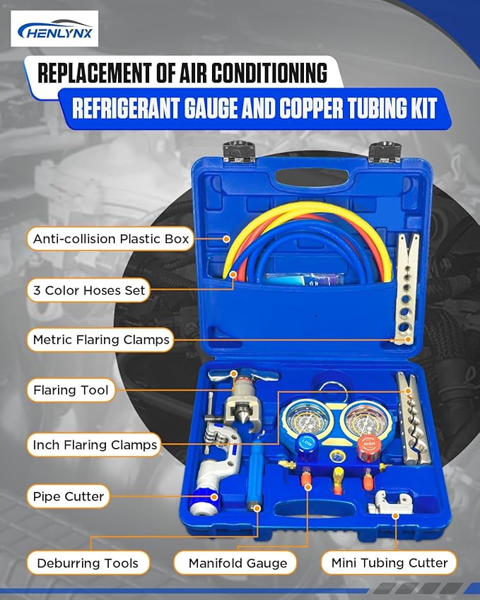 HVAC & Auto AC Manifold Gauge and Flaring Tool Kit - 3 Way Gauge Set for R22 R134A R410A R32 with Flaring Tool, Tube Cutter, Deburrer for Copper Aluminum Pipes, Car Air Conditioner Repair