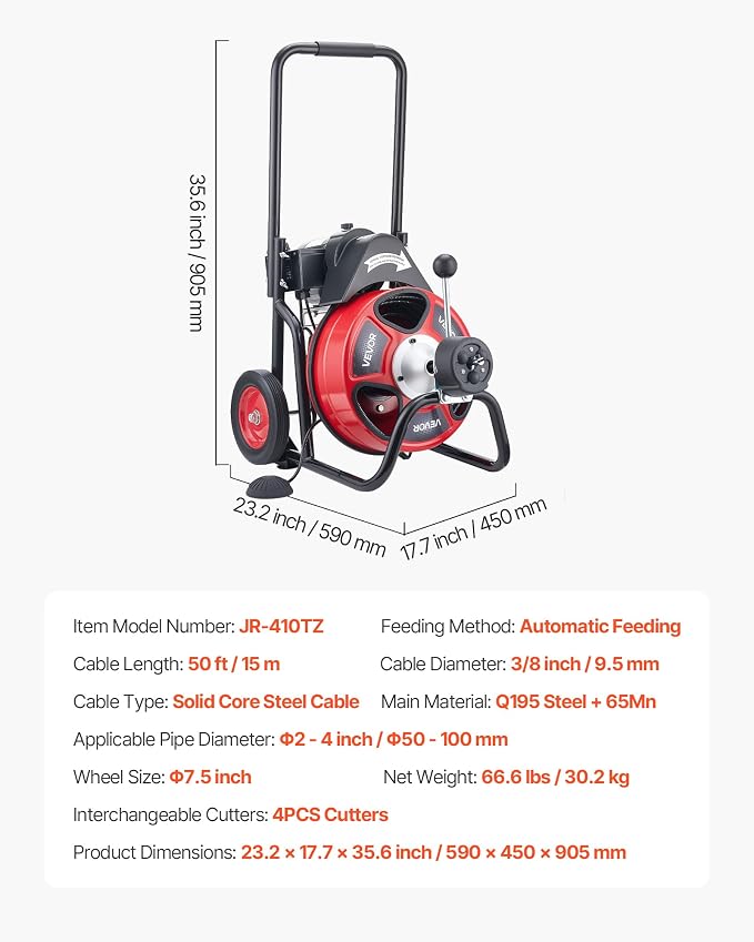 VEVOR Drain Cleaner Machine 50 FT x 3/8 Inch, Auto Feed Sewer Snake Auger on Wheels, Portable Drain Cleaning Machine with 4 Cutters & Air-activated Foot Switch for 2" to 4" Pipes